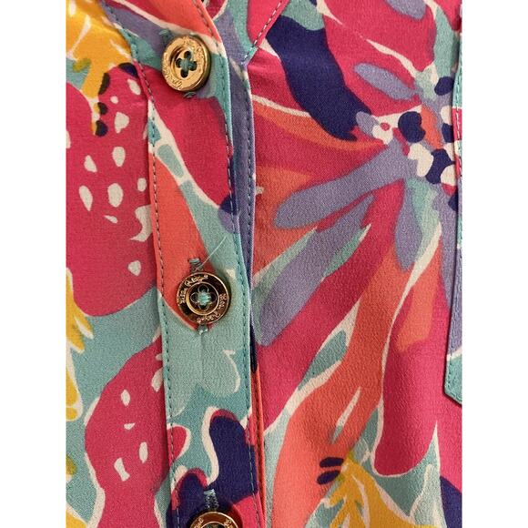 Lilly Pulitzer Trippin and Sippin Elsa Silk Popover Blouse Size M Pink Flowers - Picture 4 of 9